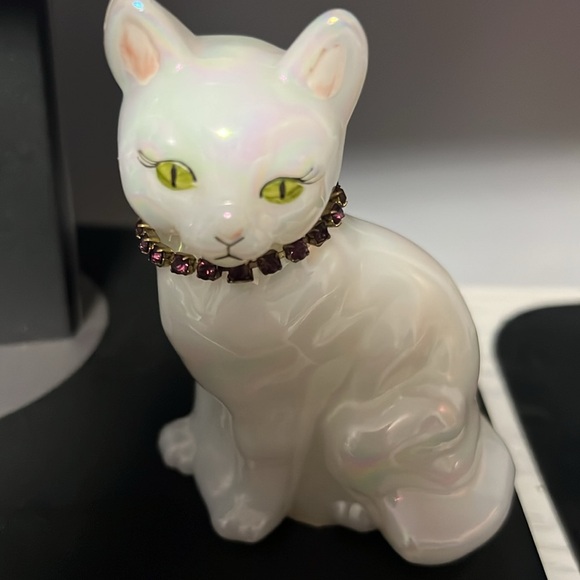 Fenton Other - Vintage Fenton White Iridescent Cat, February Amethyst Purple Birthstone, Signed